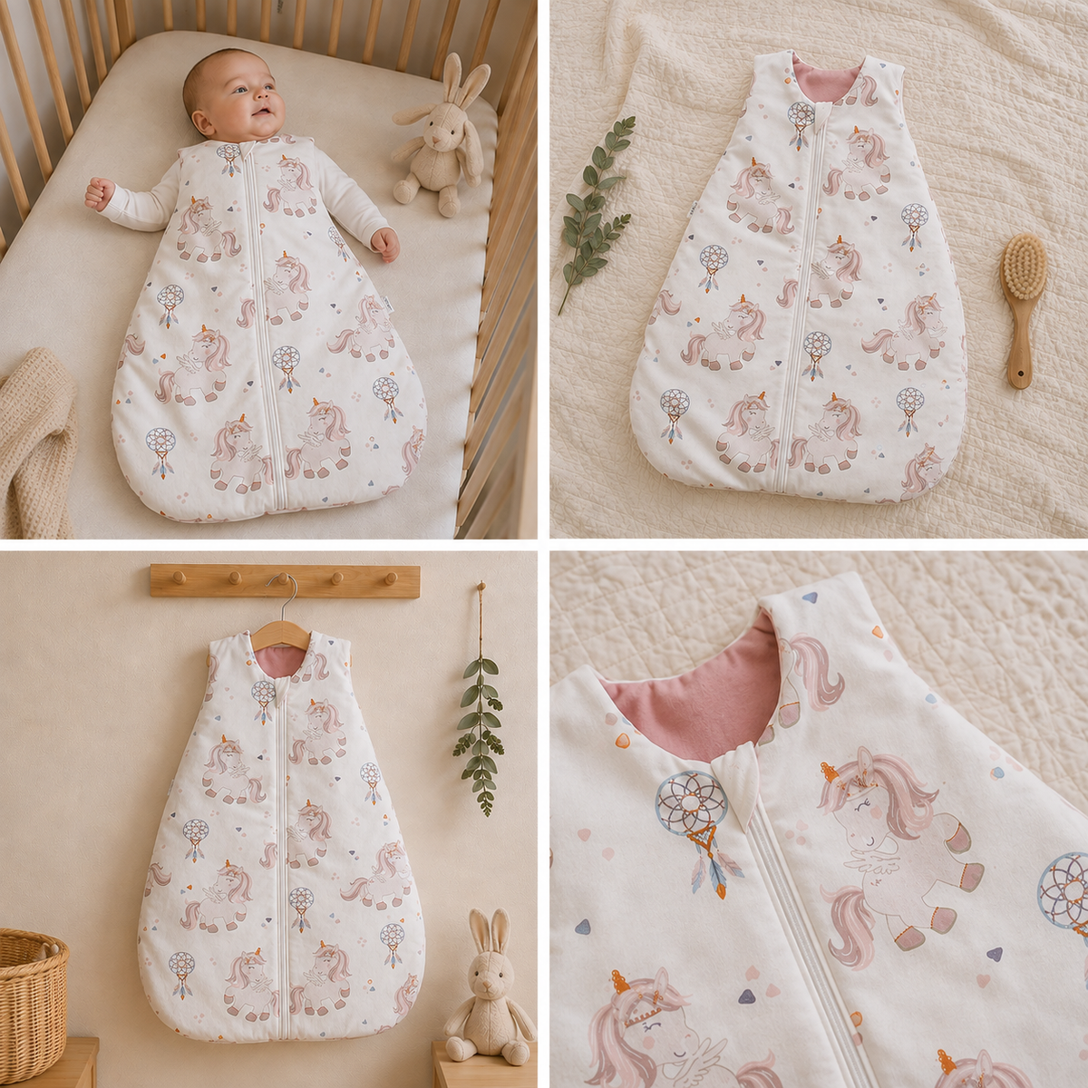 Kollage med sovpåse klassisk Dröm Enhörning från ZUZU Studio – baby i spjälsäng, sovpåse ovanifrån, på galge och närbild på mjuk krage med söta enhörningar och drömfångare