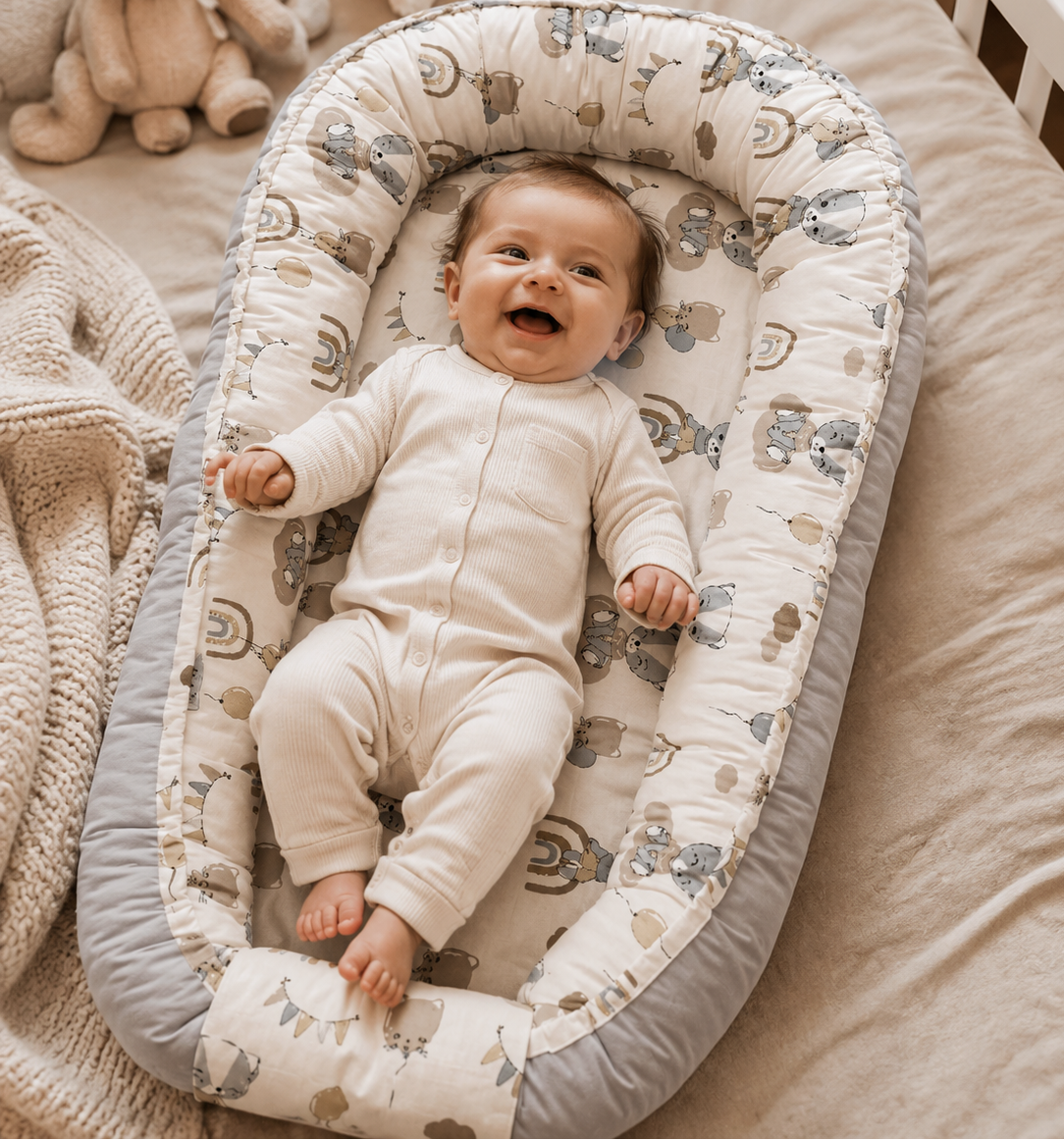 Leende nyfödd baby i babynest Lilla Ballongdröm från ZUZU Studio – trygg och ombonad viloplats med nallar, katter och ballonger i naturliga beige toner