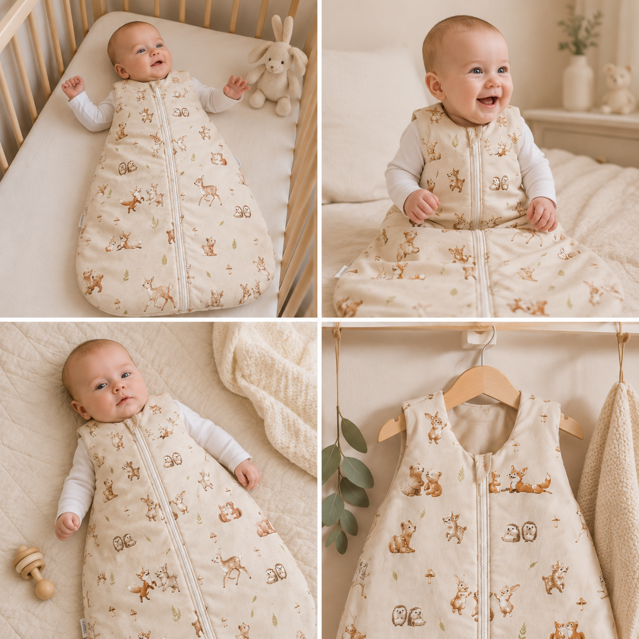 Kollage med sovpåse klassisk Skogens Vänner från ZUZU Studio – baby i spjälsäng, leende barn, liggande baby och sovpåse på galge med söta skogsdjur i naturliga beige toner