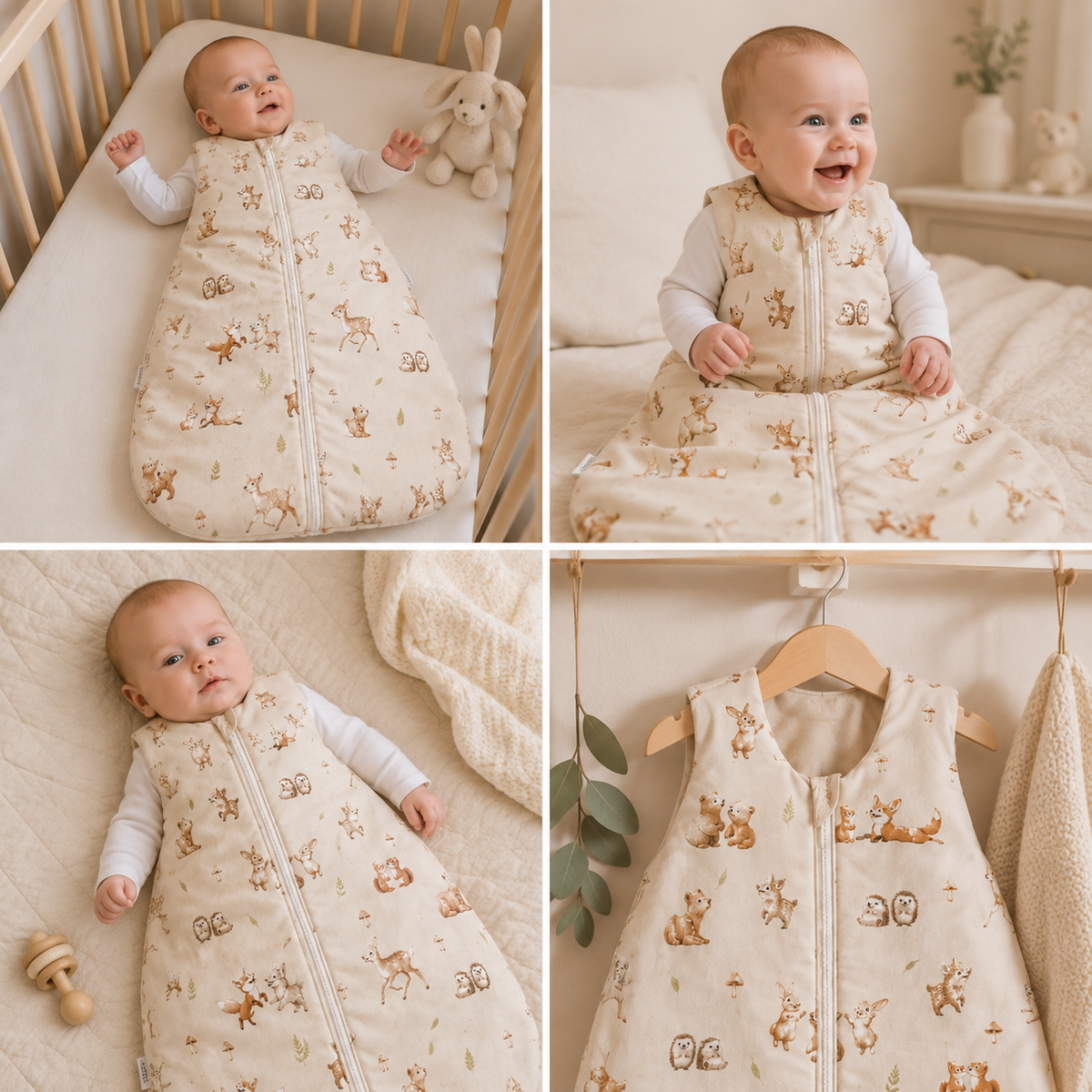 Kollage med sovpåse klassisk Skogens Vänner från ZUZU Studio – baby i spjälsäng, leende barn, liggande baby och sovpåse på galge med söta skogsdjur i naturliga beige toner