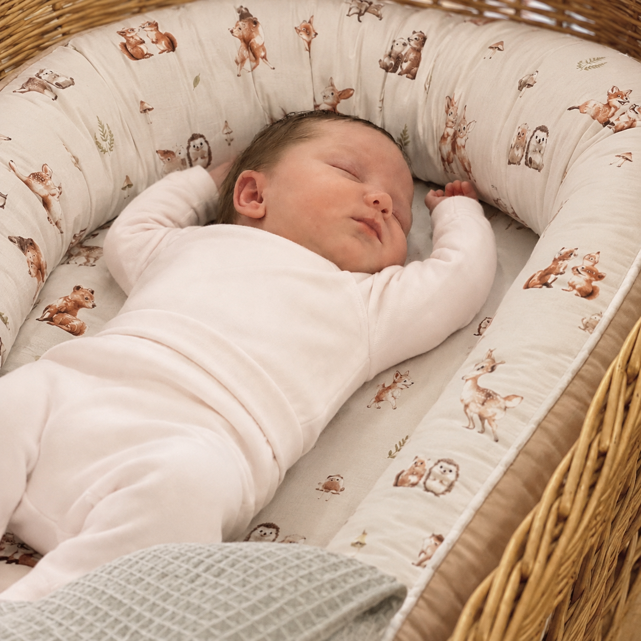 Sovande nyfött barn i babynest Skogens Vänner från ZUZU Studio – trygg och ombonad viloplats