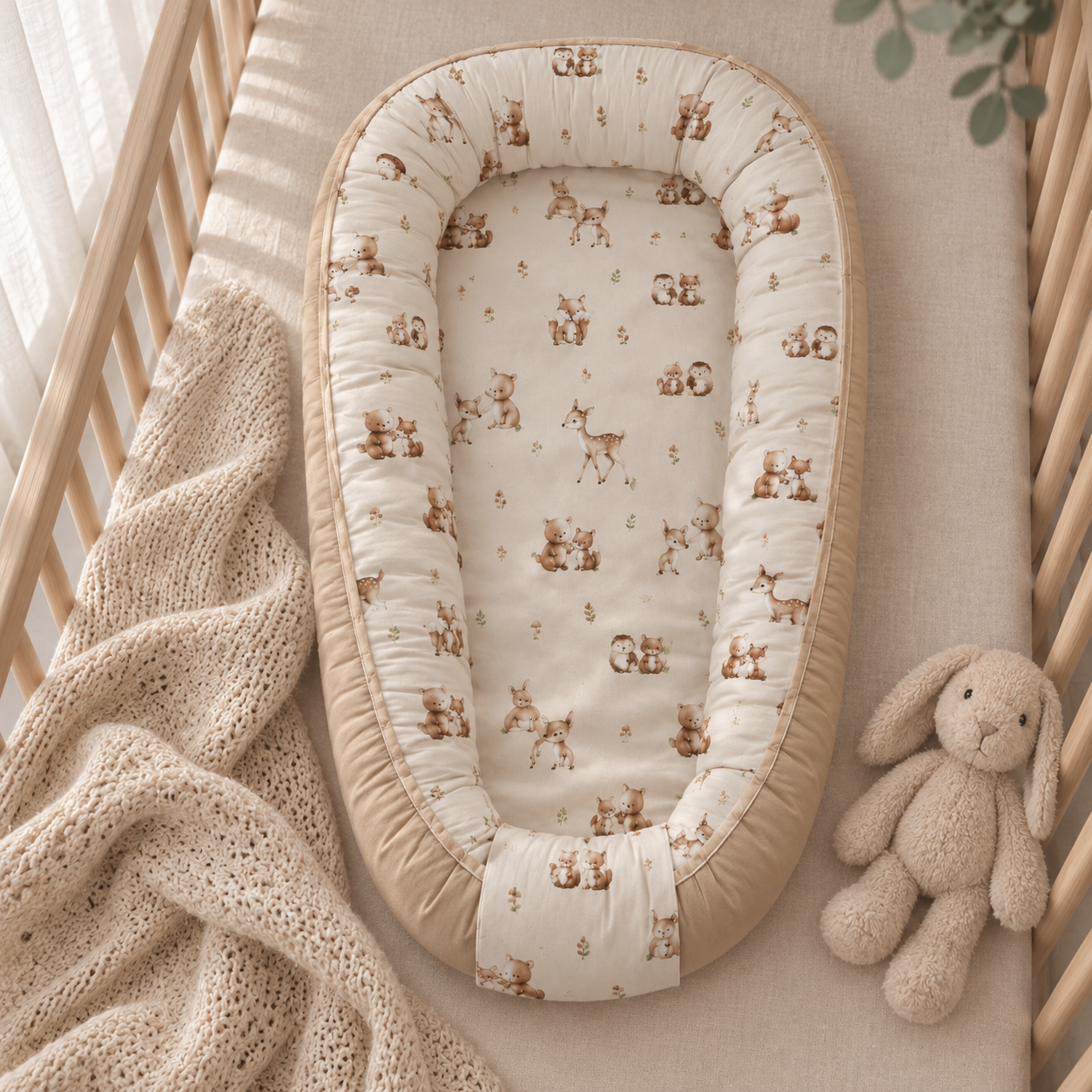 Babynest Skogens Vänner placerad i säng med mysig filt och gosedjur – handgjord av ZUZU Studio