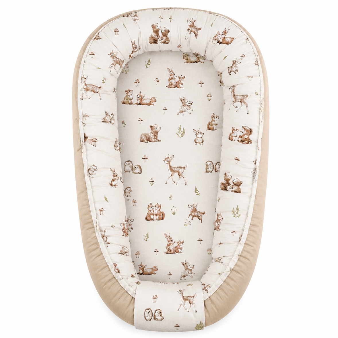 Babynest Skogens Vänner från ZUZU Studio – uppifråns, med skogsdjursmotiv på OEKO-TEX-certifierad bomull