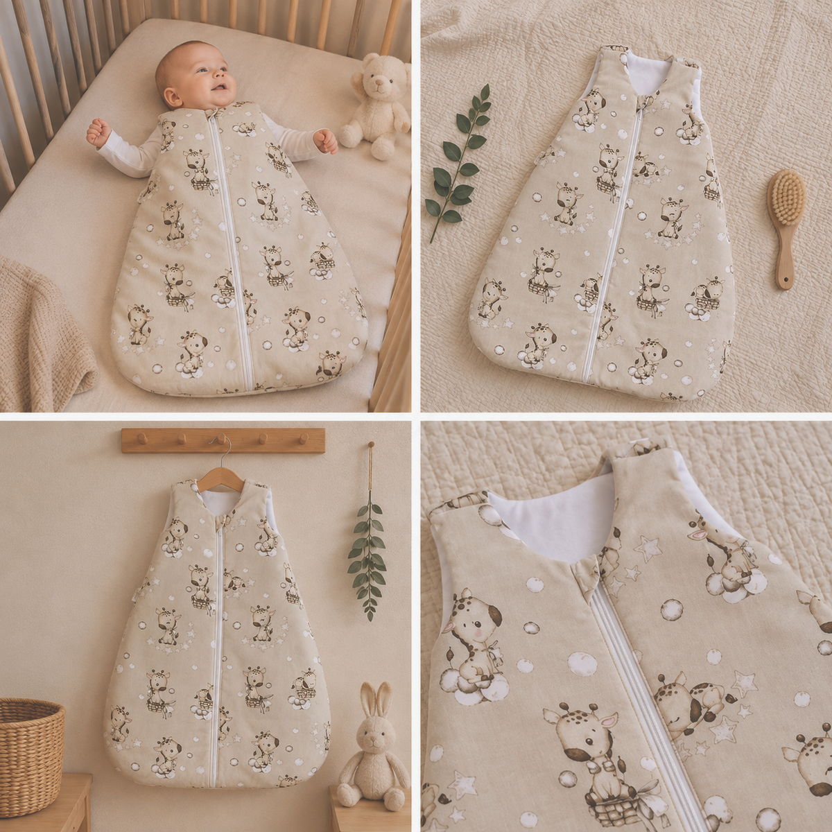 Sovpåse Giraffer i Molnen från ZUZU Studio – fyra vyer: baby i säng, uppifrån, på galge och närbild på dragkedja