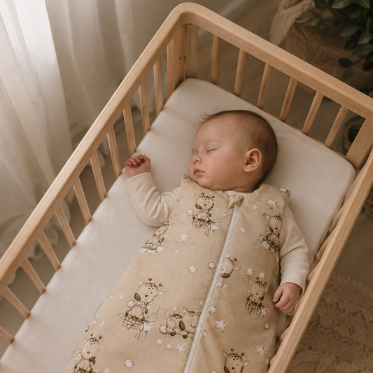 Sovande baby i sovpåse Giraffer i Molnen från ZUZU Studio – trygg och varm sömn i OEKO-TEX-certifierat material